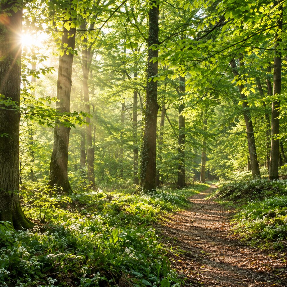 Sonnendurchfluteter gruener Laubwald im Sommer
